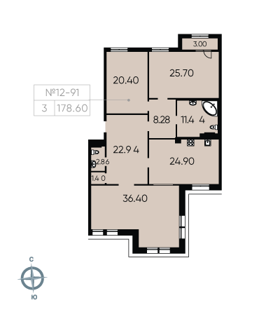 Трёхкомнатная квартира 178.6 м²