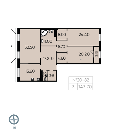 Трёхкомнатная квартира 143.7 м²